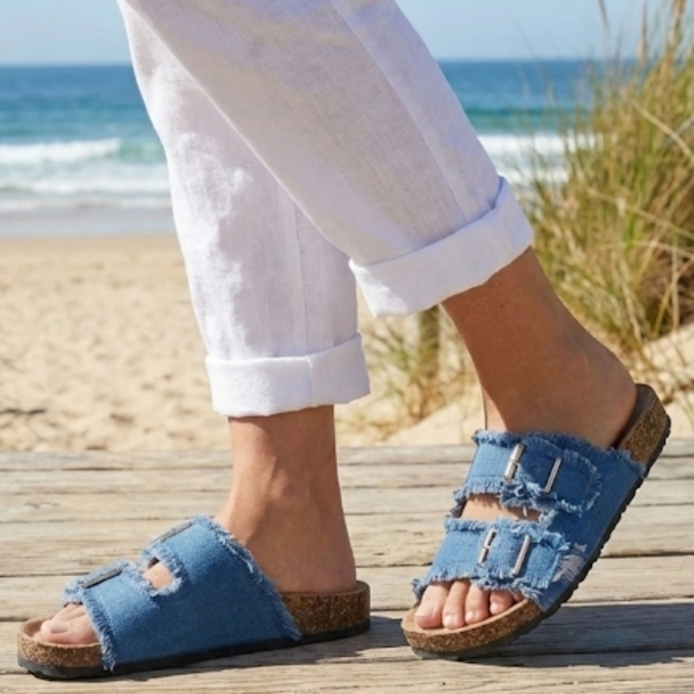 Roxoni Flat Sandals DoubleBuckle Adjustable Straps  Slides Footbed Suede size 11